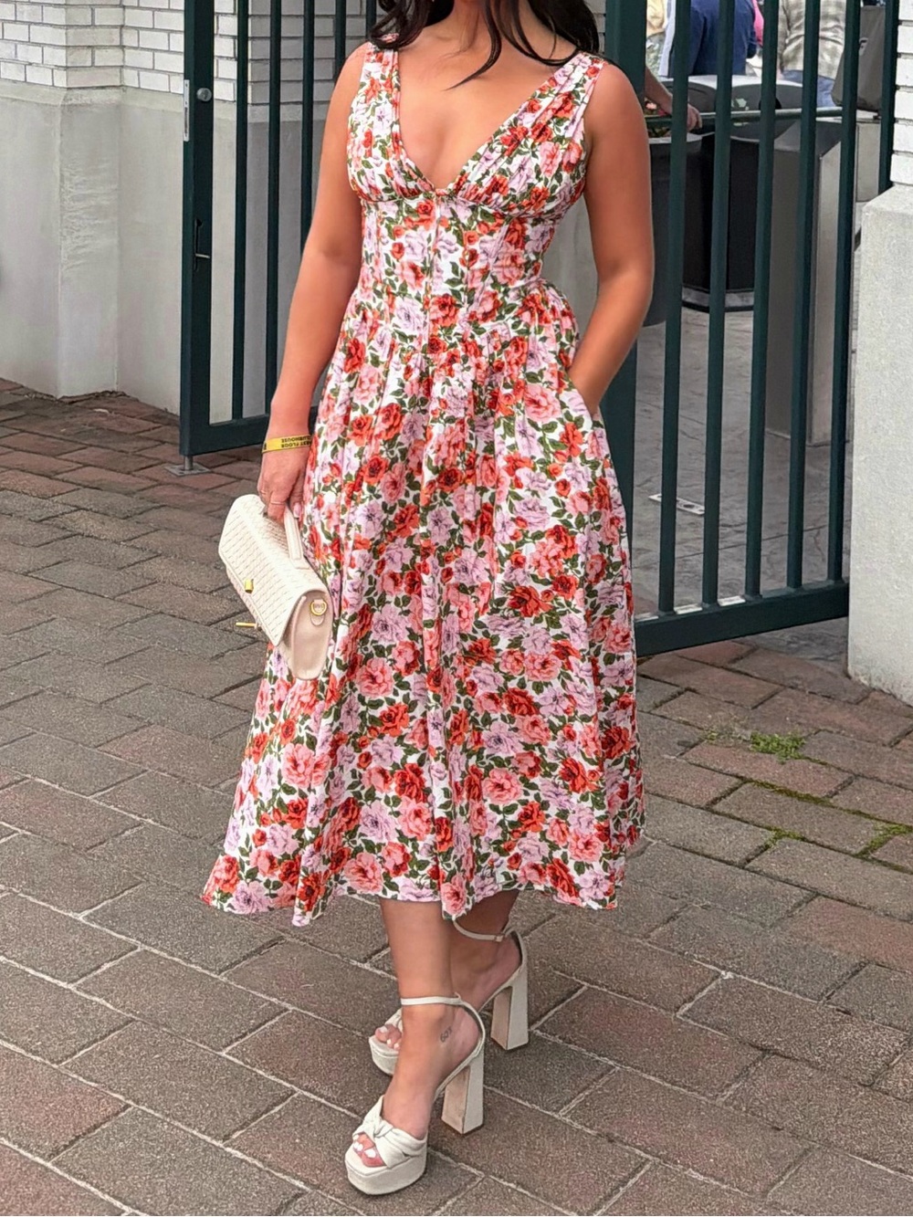 House of CB Coral Pink Floral V-Neck Midi Dress